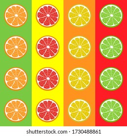 Pattern seamless of juicy citrus fruit. Lemon, orange, grapefruit, lime. Colorful elements on multicolored stripes. Bright background for creative designs, banners, textiles, menus, prints, packings.