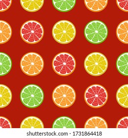 Pattern seamless of juicy citrus fruit. Lemon, orange, grapefruit, lime. Colorful elements on red background. Creative idea for modern designs, banners, textiles, menus, prints, packings, wallpapers.