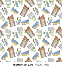 patrón de niños sin soldadura con elemento doodle de baño. Patrón sin inconvenientes con pasta dental y cepillo de dientes. Ilustración vectorial dibujada a mano, fondo colorido dibujado a mano en el baño. Tema infantil.