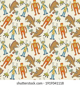 pattern seamless kids with comic doodle element. Robot pattern with cute colorful robots on white. Vector illustration