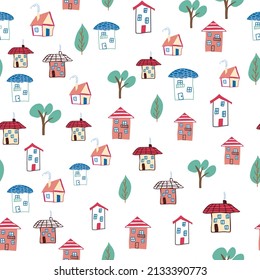 Pattern seamless kids with home doodle coloring element. house pattern, cute colorful homes, funny children decor