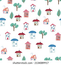 Pattern seamless kids with home doodle coloring element. house pattern, cute colorful homes, funny children decor