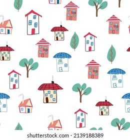 Pattern seamless kids with home doodle coloring element. house pattern, cute colorful homes, funny children decor