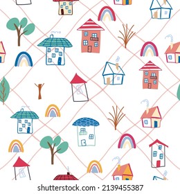 Pattern seamless kids with home doodle coloring element. house pattern, cute colorful homes, funny children decor