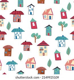 Patrón niños sin fisuras con elemento de colorante de doodle en casa. patrón de casa, casas coloridas y lindas, decoración divertida para niños