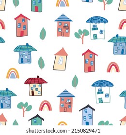 Pattern seamless kids with home doodle coloring element. house pattern, cute colorful homes, funny children decor