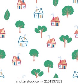 Pattern seamless kids with home doodle coloring element. house pattern, cute colorful homes, funny children decor