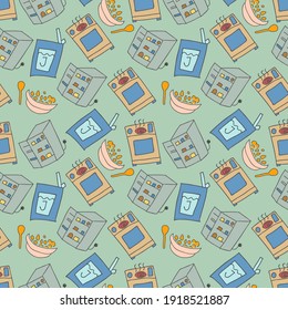 pattern seamless kids with kitchen doodle element. Seamless Pattern of Kitchen utensil in Retro-Styled