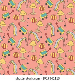 pattern seamless kids with outdoor doodle element. Seamless childish pattern with hand drawn houses and abstract elements. 