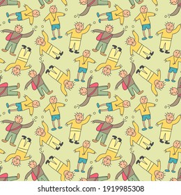 pattern seamless kids with teenager doodle element. Group of teenagers in trendy clothes reveal various emotions. Mood expression. Modern fashion look. Hand drawn vector Seamless pattern. Flat design.