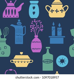 Pattern seamless from kitchen utensils, mugs, cups, teapot, vase, vector illustration.