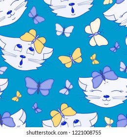 The pattern is seamless. Kittens with butterflies on azure background.