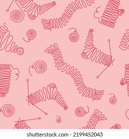 Pattern seamless. Knitting, cartoon clothes. Knitting threads. One line drawings . Vector illustration with isolated background.