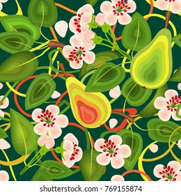 pattern seamless of leaves of flowers, pears on a green background.For cloth, wallpaper, wrapping paper.vector EPS10