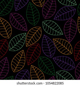 Pattern of seamless leaves of yellow, green, purple and red color on a black background