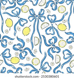 Pattern seamless lemons, flower and bows isolated on transparent background.