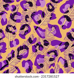 pattern seamless of leopard print and feathers. Vector illustration with orange and purple colors for the textile industry