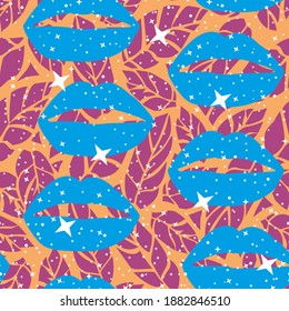 pattern seamless of lips and green leaves. Seamless pattern vector for textile industry.