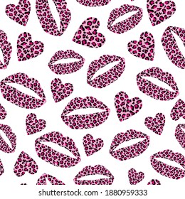 pattern seamless of lips and hearts with animal print texture. Beautiful design for the textile industry.