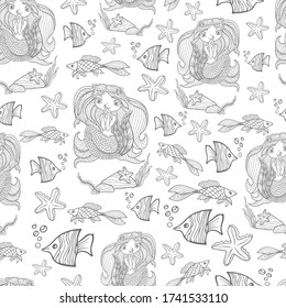 pattern seamless little mermaid ocean fish stylized sketch outline vector illustration page poster print sea doodle character wallpaper textile 
