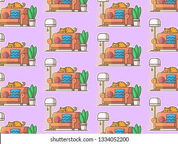 Pattern seamless of Living Room Illustration with Cute Cat on Sofa, Lamp, Plant, Pillow and Rubber Ball. Flat design. Cartoon style for print design, wallpaper, background, and poster 