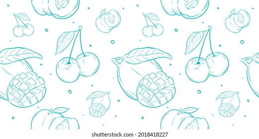 Pattern Seamless of Mango, Peach, and Cherry. Line art and flat style. Best for background, branding, element design, visual concept, packaging, pattern, fabric, textile decoration, wallpapers