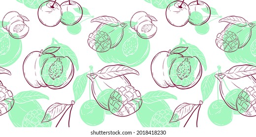 Pattern Seamless of Mango, Peach, and Cherry. Line art and flat style. Best for background, branding, element design, visual concept, packaging, pattern, fabric, textile decoration, wallpapers