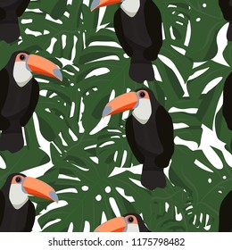 Pattern seamless with a Manstera liaf and a  Toukan toko on an isolated background.