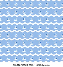 Pattern seamless marine with sailboat, wave. Design for background, wallpaper, fabric, textile. Vector illustration.