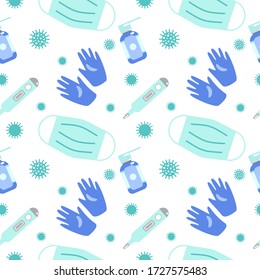 Pattern seamless of medical supplies, bottles liquids, thermometer, mask, gloves, coronavirus. Vector flat illustration isolated on white background. Pharmacy. Design for wallpaper, textile, wrapping