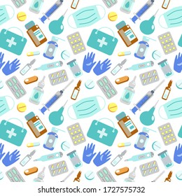 Pattern seamless of medical supplies, bottles liquids, thermometer, syringe, enema, pills mask, gloves. Vector flat illustration on white. Pharmacy. Design for wallpaper, banner, textile, wrapping