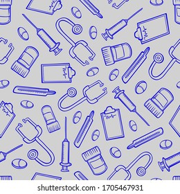 Muster nahtlose Medizin Kontur-Strich-Thermometer Stethoskop-Apotheke Arzt Pillen Doodle Skizze Vektorillustration Hintergrund Stoffdruck-Illustration 