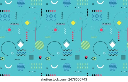 Pattern. Seamless memphis geometric graphic pattern 80s-90s styles on white background. Colorful pattern with different shapes objects. Wrapping paper, background, wallpaper. Vector Illustration