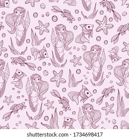 pattern seamless mermaid girl fish starfish ocean contour stroke line sketch vector doodle children background textile print marine