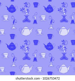 Pattern is seamless, monochrome, blue from kettles and cups for the kitchen.
