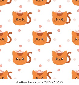 Pattern seamless mug with cat and marshmallows, winter, christmas.