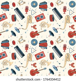 pattern  seamless music instrument, closeup, vector graphics, a colorful solid pattern and  white background, eps 10.
