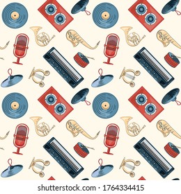 pattern  seamless music instrument, closeup, vector graphics, a colorful solid pattern and  white background, eps 10.

