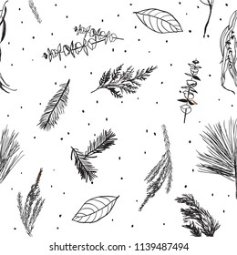  Pattern seamless Nature plant winter black and white  tree. hand drawn.