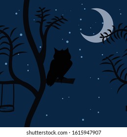 Pattern Seamless Night view with Owl saw the moon and stars and the empty wood swing