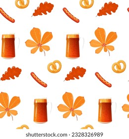 Pattern seamless oktoberfest beer, brezzel, sausage oak