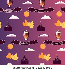 Pattern seamless Oktoberfest beer glass, lettering, leaves