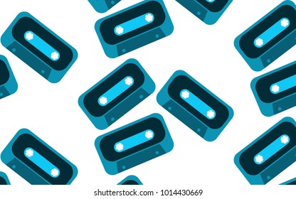 The pattern is seamless from old, vintage, retro, hipster, antique, blue audio cassettes with rounded corners from the 80's, 90's on a white background. Vector illustration.