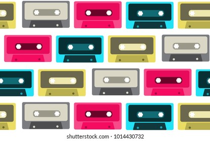 The pattern is seamless from old, vintage, retro, hipster, antique, colorful, bright, motley, blue, pink, gray audio cassettes from the 80's, 90's on a white background. Vector illustration.
