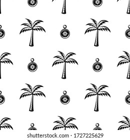 pattern seamless of palm tree  and compass in style vintage, retro, engraved. - vector illustrations