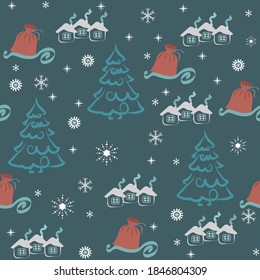 Pattern, seamless, paper, wrapping, house, Christmas, tree, snow, winter
