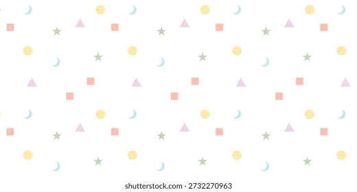 Muster, nahtlos, pastellfarben, geometrisch, Kinderzimmer, baby, niedlich, Tapete, Hintergrund, Sterne, Mond, minimalistisch, weiche Farben, Textil, Stoff, Wickelpapier, Formen, Kinder, Illustration, Vektor, abstrakt, Kindheit, Scrapbook, Säugling, Design-Element.