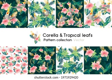 Pattern with seamless patterns collection of exotic green leaves with flower and corella parrot vector illustration on white background