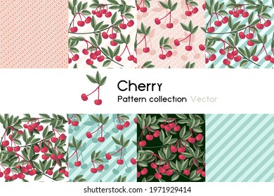 Pattern with seamless patterns collection of red cherry berry with leaves vector illustration on white background