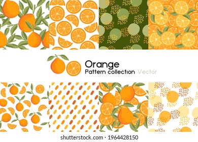 Pattern with seamless patterns collection of whole and chopped orange with leaves or not vector illustration on white background